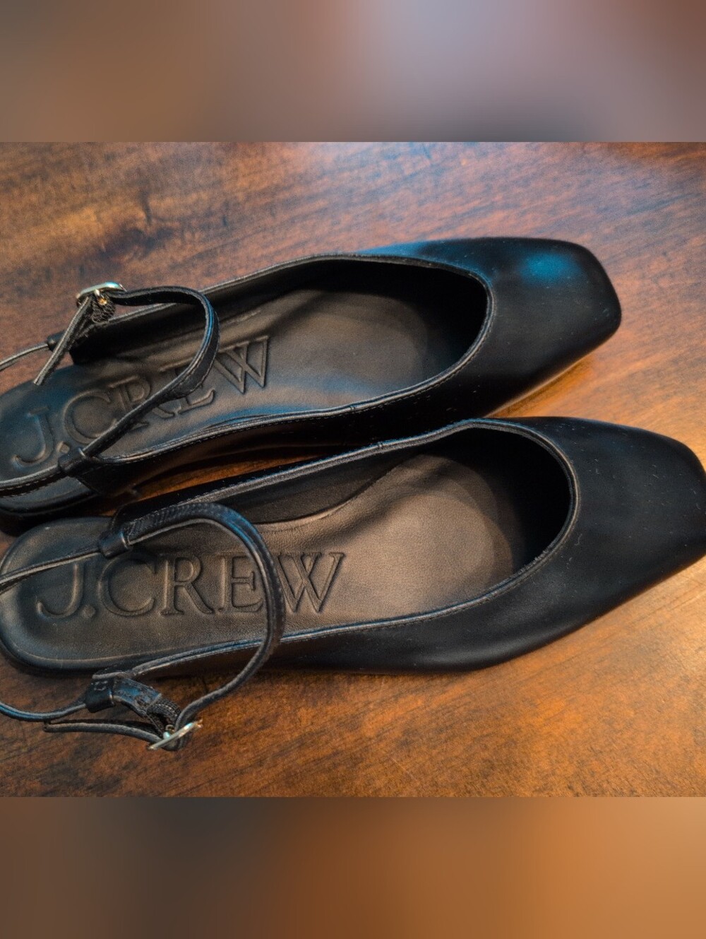 J.Crew Black Leather Ankle Strap Ballet Flats Women's Size 8.5 Square Toe Shoes - Picture 2 of 7